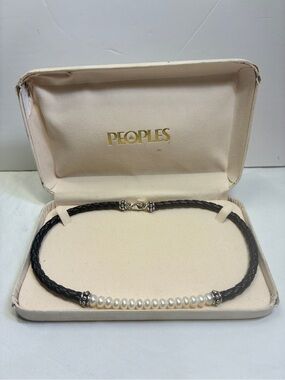 Vintage Honora 925 Sterling Silver Leather And Pearl Station Necklace